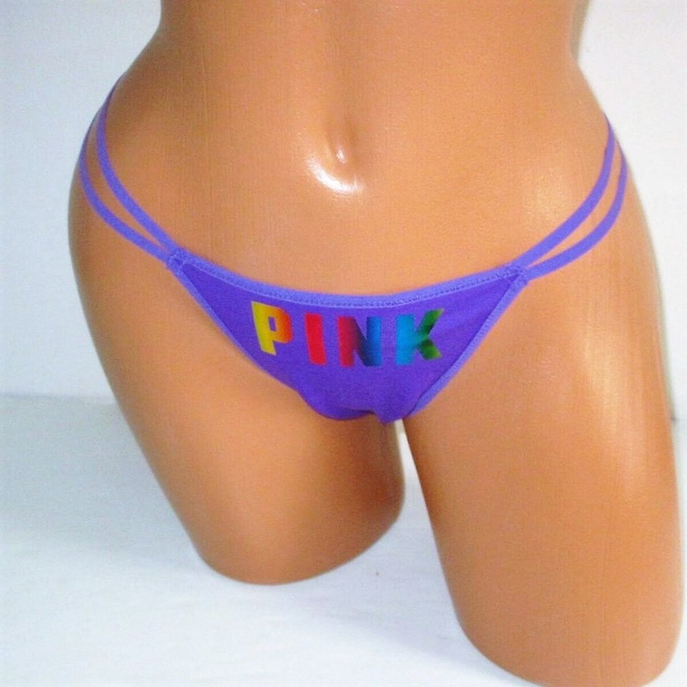 PINK VICTORIA'S SECRET Cotton Strappy Thong Panty Size L Purple Metallic Logo